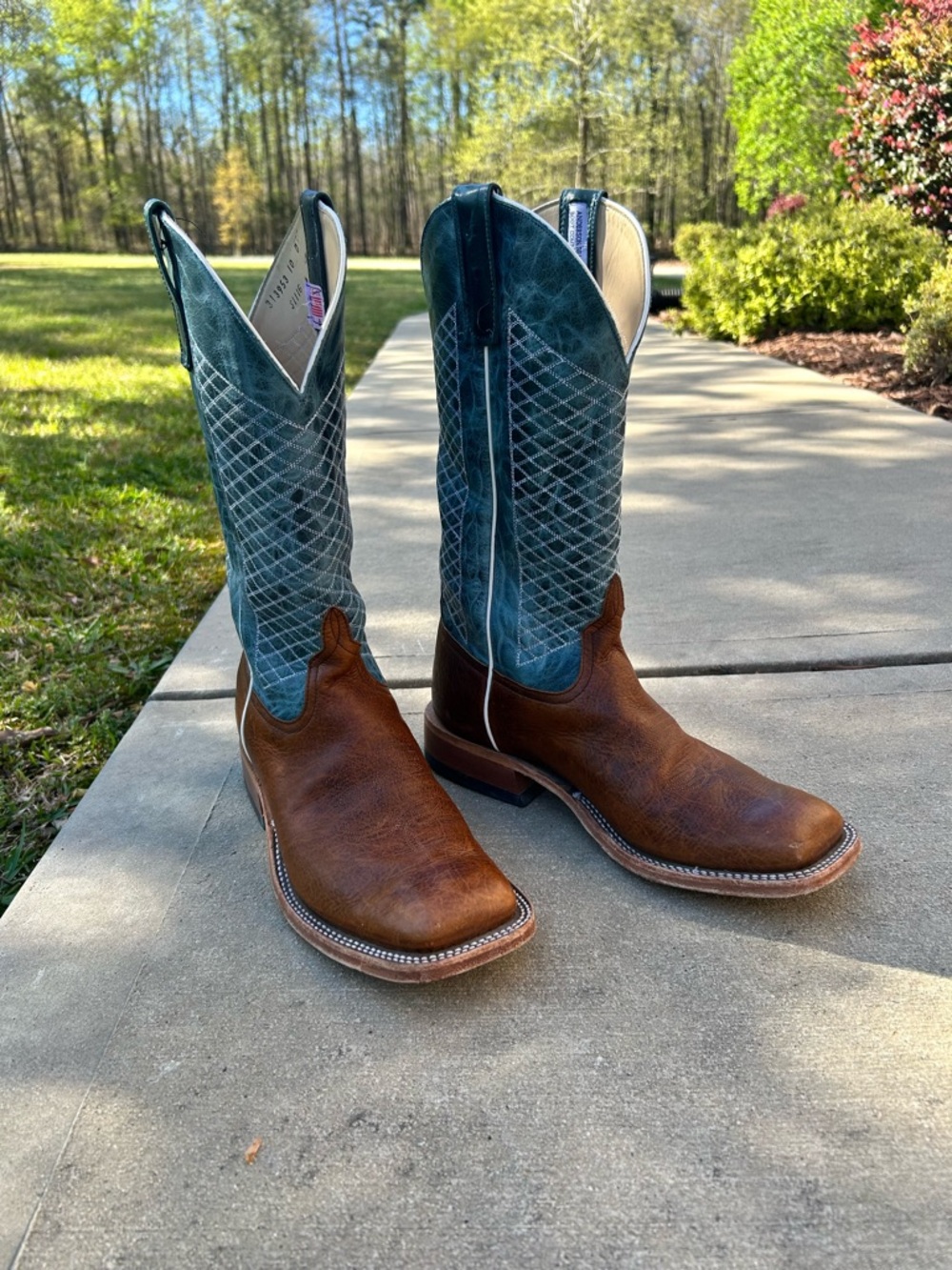Anderson Bean Two-Tone Brown Foot & Teal Shaft Cowboy Boots